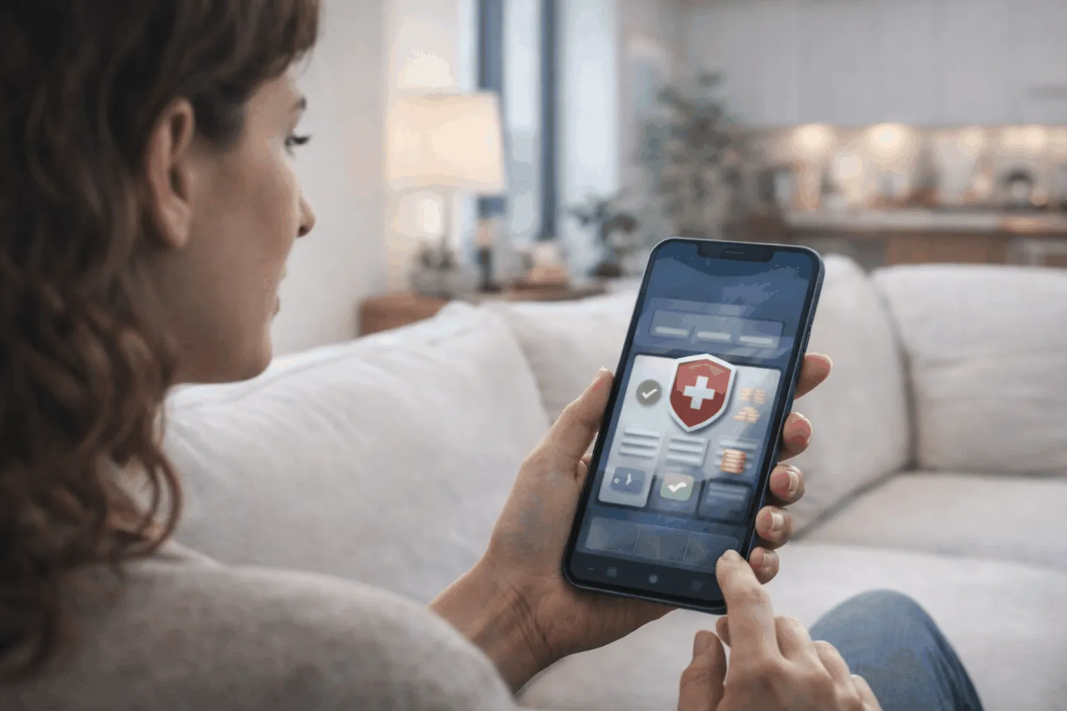 Casino online legale in Svizzera su smartphone Donna utilizza uno smartphone per accedere a un casino online legale in Svizzera dal divano di casa