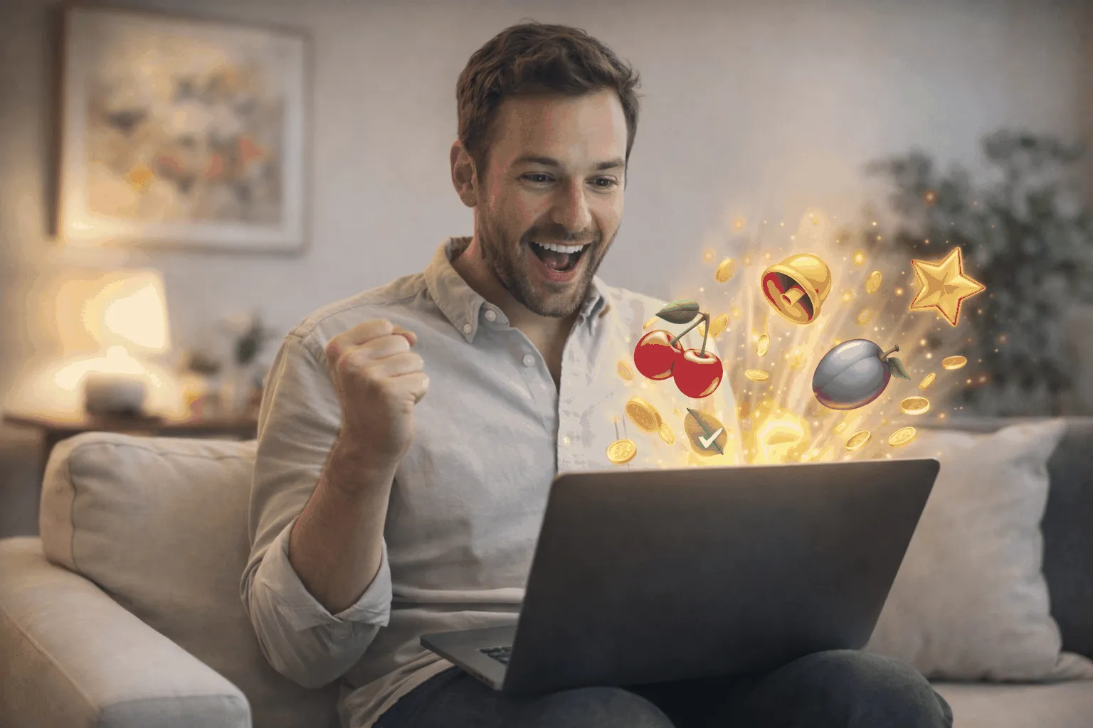 Vincita alle slot online in un ambiente moderno e responsabile Uomo felice utilizza un laptop con slot online in azione in un ambiente moderno e rilassato